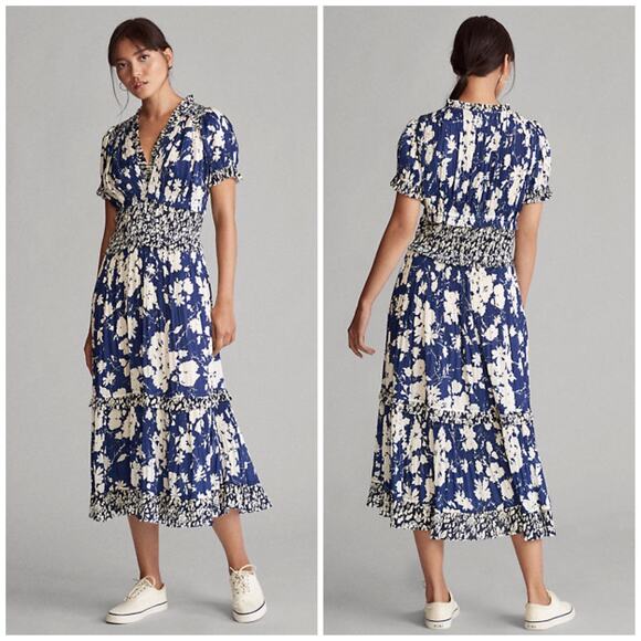Polo Ralph Lauren Blue Floral Mini Dress Pleated - Picture 1 of 12